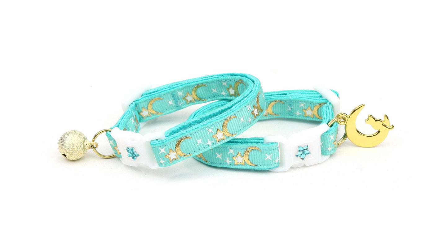 Gold Moons and Stars on Aqua Cat Collar